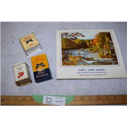 Blue Ribbon Tin Thyme and Cloves, Chia Chinc Tea Tin and Funks Calendar 1979 Cranbrook BC