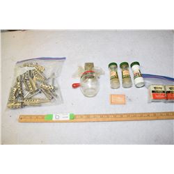 1940s Nut and Meat Chopper Glass Bottom, 2 Empire Spice Tins, 3 Nabob Spice Jars, and more