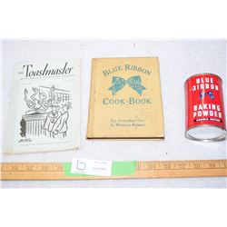 1940s Blue Ribbon Cookbook and Baking Powder Tin, and 2 Toastmasters Monthly Issues Oct46 & Jan47