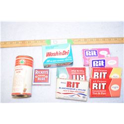 1950s: Rit Fabric Dyes, Ton Boracic Acid Powder, Reckitts Laundry Bluing, Box Wash/Dry Towelettes