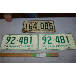 Pair of 1974 Saskatchewan License Plates and 1935 Saskatchewan Plate