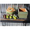 Image 1 : 4 Vintage Fire King Coffee Mugs, Fancy Wooden Basket Storage Box and Green Painted Wooden Box