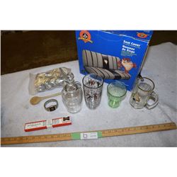 Vinegar Cruet, Seat Covers, Salt and Pepper Shakers etc. Chipped Depression Era