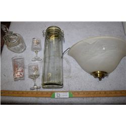 Wall Sconce Light (Chipped) Cruet, Spaghetti Jar and Glasses