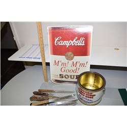 Campbell Sign, Syrup Pail and Knives