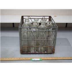 Vintage Metal Milk Crate with Milk Bottles