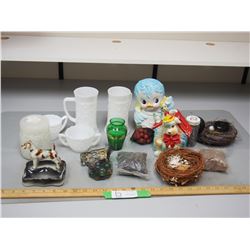 Milk Glass Cups, Money Bank and Misc