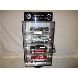 Table Top Plastic Display Case With Lock and Key 6.5" by 11" by 19" and 4 1950s Chevrolet Models