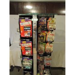 Floor Display Rack on Castors 20"x64"T (Has Cracked Glass Top) & 53 N.I.P Miniature Cars and Trucks