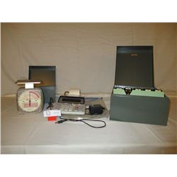 Postage Scale Adding Machine and 2 File Card Boxes