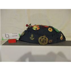 Old Beanie Cap with Vintage Pins and Red Cross Pins
