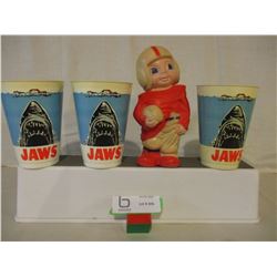 Vintage Rubber Football Player and 3 Plastic Cups from 1975 "Jaws" Movie
