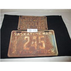 1932 Sask Gross WT. and Farm Truck License Plate