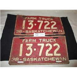Pair of 1938 Saskatchewan Farm Truck License Plates