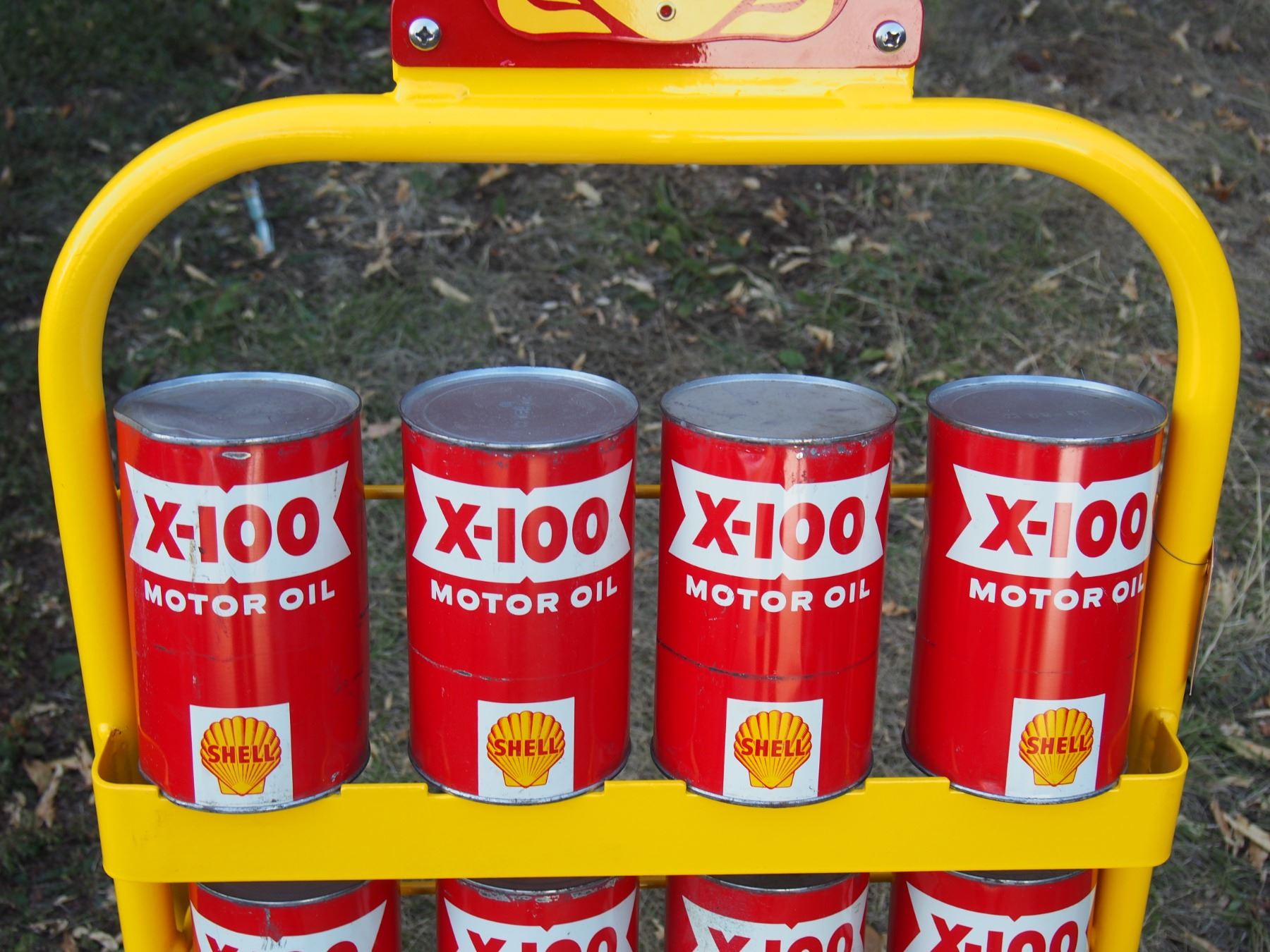 Shell Motor Oil Display Rack with 12 Full Shell Oil Cans 47