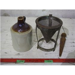 Berry Press, Whiskey Jug, and Masher