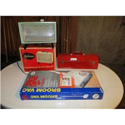 Sunbeam Electric Heater and Metal Tool Box with Dirt Devil Broom Vac