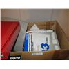 Image 3 : Box of Binders, Assorted Office Supplies with Indoor Antenna and Small Portable Radio