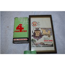 Framed White Rose Oil and 4 Star Tin