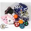 STREET HOCKEY MASK AND PUCKS, 2 BASEBALL GLOVES