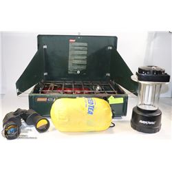 COLEMAN STOVE, RAYOVAC LIGHT, BUDWEISER HAMMOCK,