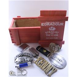 SMALL BOX OF ASSORTED TRINKETS/ BUCKLES & LIGHTERS