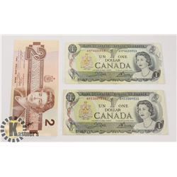 TWO CANADIAN 1972 $1 BILLS & ONE 1986 $2 BILLS