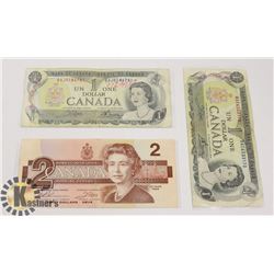 TWO CANADIAN 1972 $1 BILLS & ONE 1986 $2 BILLS