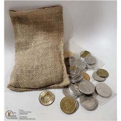 BURLAP SACK WITH VARIOUS TOKENS