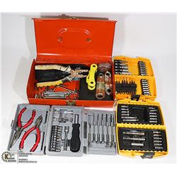 ORANGE METAL CASE WITH ASSORTED TOOLS,  PLIERS