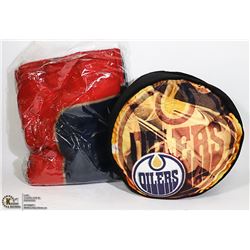 BOX WITH NEW OILERS BLANKET AND OILERS PILLOW