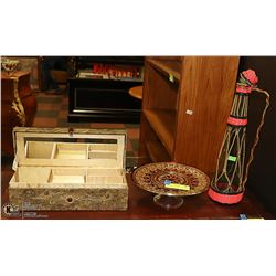 GOLD AND RED DISH,  FANCY CHEST & BOTTLE