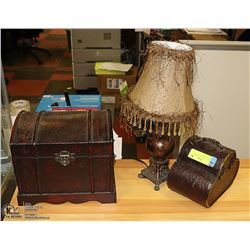 2 SMALL CHESTS AND A LAMP W/ BEADED SHADE
