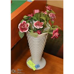 PORCELAIN ROSES IN A MILK GLASS VASE 9.5" TALL