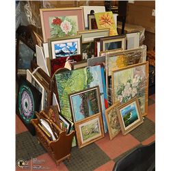 MASSIVE LOT OF ASSORTED FRAMED PICTURES WITH STAND