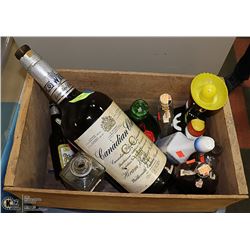 WOOD CRATE OF ANTIQUE LIQUOR BOTTLES