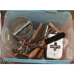 TUB OF ANTIQUE TOOLS GRINDERS ETC