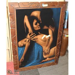 VINTAGE EROTIC WOOD FRAMED PIC ON FABRIC 42" X 30"