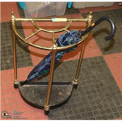 BRASS CAST IRON UMBRELLA STAND W/ UMBRELLA