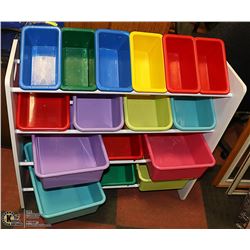 STURDY WOOD & METAL STORAGE SHELF W/ 16 BINS