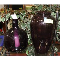2 LARGE AMETHYST GLASS VASES 11" AND 13" TALL