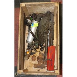 WOOD BOX OF ANTIQUE TOOLS