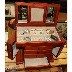 LARGE JEWELLERY BOX 15" X 13" WITH DRAWERS, 2 SIDE