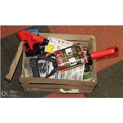 WOOD BOX WITH ASSORTED SHOP SUPPLIES AND THE HAP