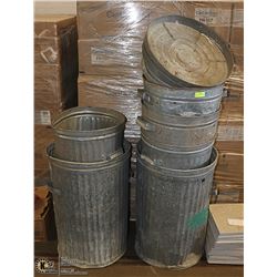 6 METAL GARBAGE CANS WITH 4 LIDS