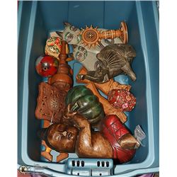 TUB OF WOODEN CARVINGS AND ORNAMENTS