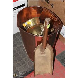COPPER GARBAGE CAN WITH BRASS ITEMS INSIDE
