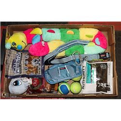FLAT OF ASSORTED DOG ACCESSORIES AND TREATS