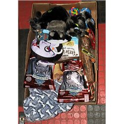 FLAT OF ASSORTED DOG TREATS AND TOYS ETC.
