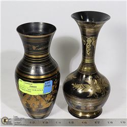 SET OF 2 -  7 & 8 "H BLACK & BRASS ETCHED VASES